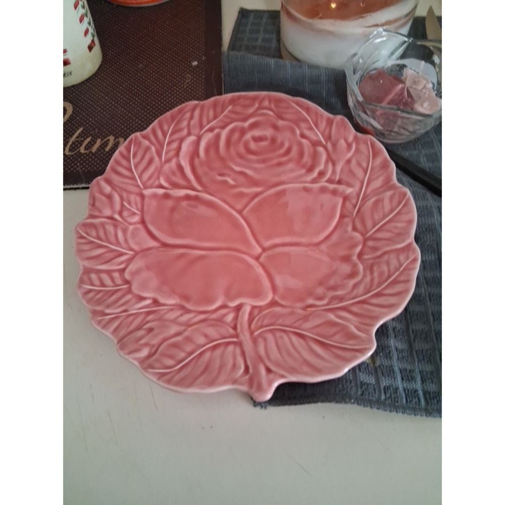 Bordallo Pinheiro Pink Rose Salad Plate Embossed Ceramic Portugal Majolica 8in